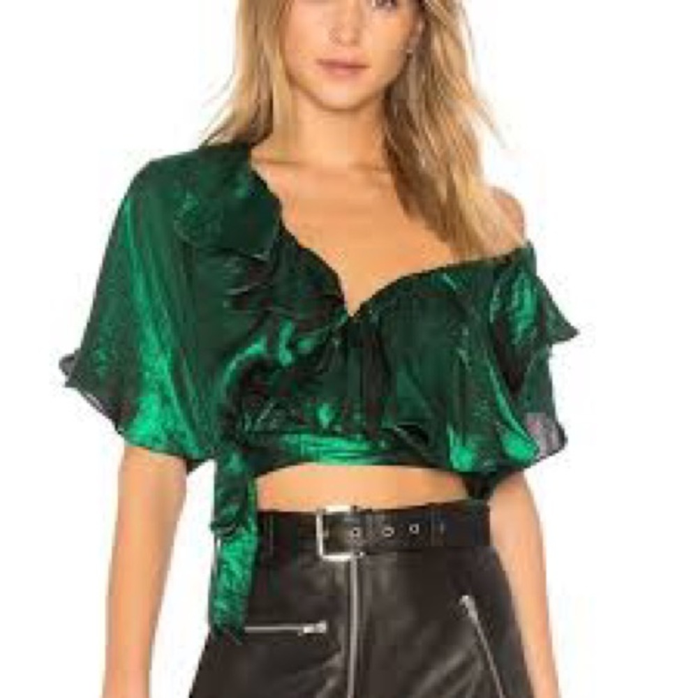 House of Harlow 1960 Revolve Azalea Shimmering Green Off-Shoulder Blouse 🟢 - Picture 2 of 8